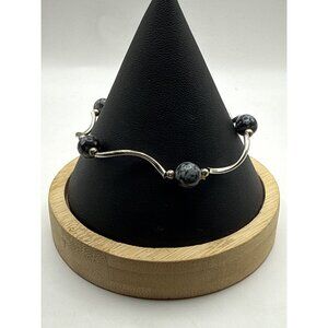 Silver Wave Bracelet With Snowflake Obsidian Beads